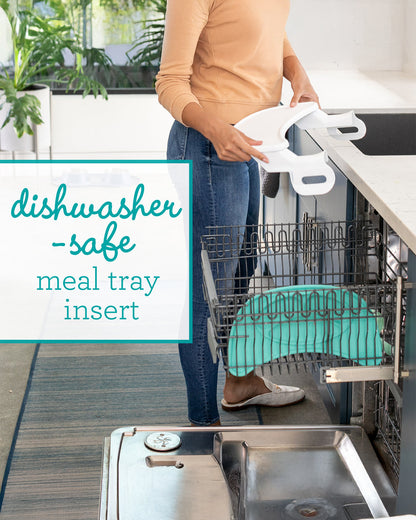 Infantino Grow-With-Me 4-in-1 Booster Seat-Converts Into Infant & Toddler Booster Seat-Two Can Dine-With Dishwasher Safe & Removable Meal Tray-3 Point Harness-For 6 to 36M-Teal & Grey