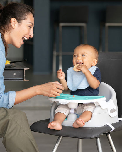 Infantino Grow-With-Me 4-in-1 Booster Seat-Converts Into Infant & Toddler Booster Seat-Two Can Dine-With Dishwasher Safe & Removable Meal Tray-3 Point Harness-For 6 to 36M-Teal & Grey
