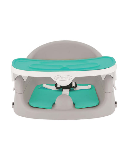 Infantino Grow-With-Me 4-in-1 Booster Seat-Converts Into Infant & Toddler Booster Seat-Two Can Dine-With Dishwasher Safe & Removable Meal Tray-3 Point Harness-For 6 to 36M-Teal & Grey