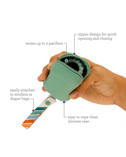 Infantino Pacifier Holder Pod-With Secure Zip Closure-Holds Upto 2 Pacifiers-Easily Attaches to Strollers or Diaper Bags-Silicone Material-Sea Green