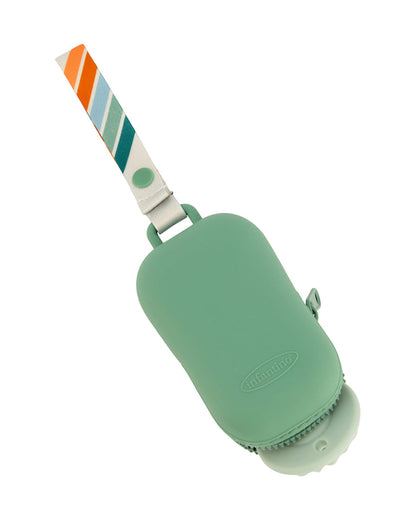 Infantino Pacifier Holder Pod-With Secure Zip Closure-Holds Upto 2 Pacifiers-Easily Attaches to Strollers or Diaper Bags-Silicone Material-Sea Green