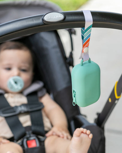 Infantino Pacifier Holder Pod-With Secure Zip Closure-Holds Upto 2 Pacifiers-Easily Attaches to Strollers or Diaper Bags-Silicone Material-Sea Green