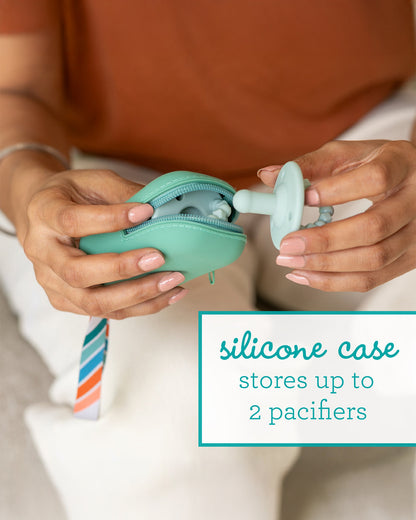 Infantino Pacifier Holder Pod-With Secure Zip Closure-Holds Upto 2 Pacifiers-Easily Attaches to Strollers or Diaper Bags-Silicone Material-Sea Green