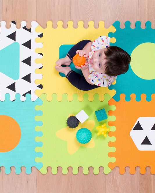 Infantino Puzzle Multicolor Playmat-Pop out Shapes and Textured-Includes 6 Soft EVA Foam Tiles-0M+