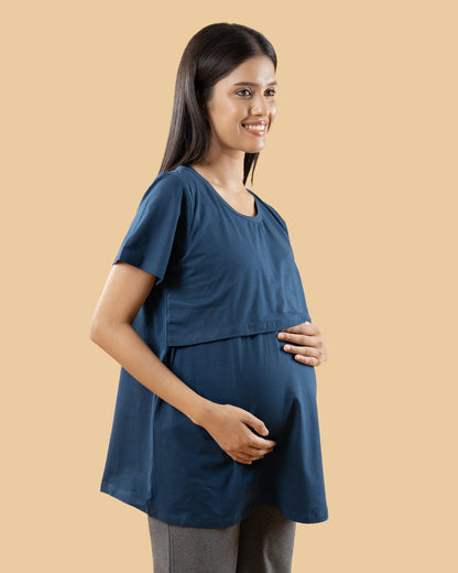 Wobbly Walk Indigo Blue Maternity Nursing Top-Solid Color-Cotton-Bump Friendly