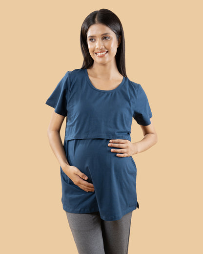 Wobbly Walk Indigo Blue Maternity Nursing Top-Solid Color-Cotton-Bump Friendly