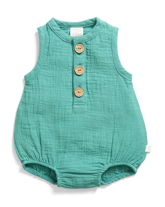 Tiny Twig Green Bubble Romper-Crinkle Muslin-Solid-For Infants