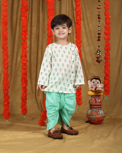 Polka Tots Cyan Green Angrakha Dhoti Set-Cotton-Floral Print-For Infants