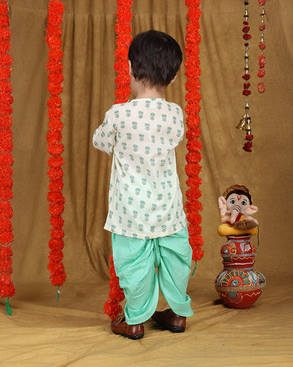 Polka Tots Cyan Green Angrakha Dhoti Set-Cotton-Floral Print-For Infants