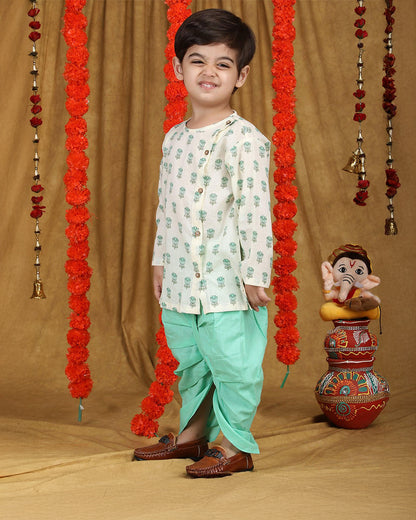 Polka Tots Cyan Green Angrakha Dhoti Set-Cotton-Floral Print-For Infants