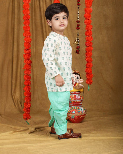 Polka Tots Cyan Green Angrakha Dhoti Set-Cotton-Floral Print-For Infants