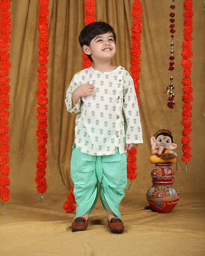 Polka Tots Cyan Green Angrakha Dhoti Set-Cotton-Floral Print-For Infants
