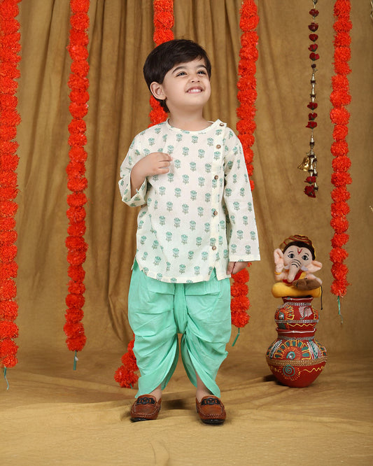 Polka Tots Cyan Green Angrakha Dhoti Set-Cotton-Floral Print-For Infants