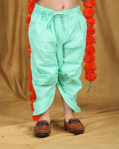 Polka Tots Cyan Green Angrakha Dhoti Set-Cotton-Floral Print-For Infants