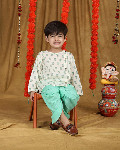 Polka Tots Cyan Green Angrakha Dhoti Set-Cotton-Floral Print-For Infants