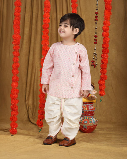 Polka Tots White & Pastel Pink Angrakha Dhoti Set-Cotton-Printed-For Infants