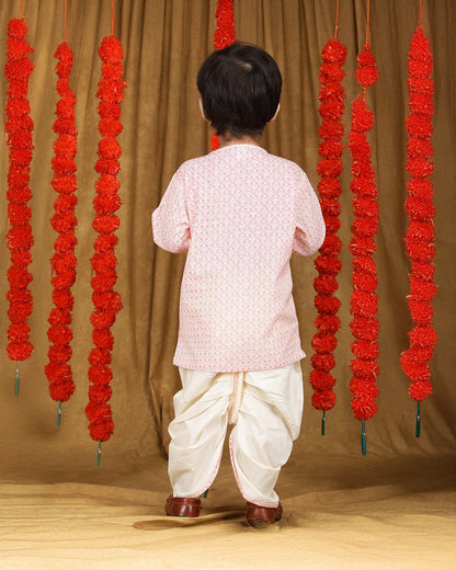 Polka Tots White & Pastel Pink Angrakha Dhoti Set-Cotton-Printed-For Infants