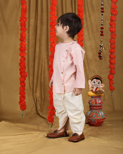 Polka Tots White & Pastel Pink Angrakha Dhoti Set-Cotton-Printed-For Infants