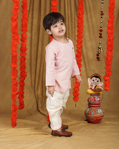 Polka Tots White & Pastel Pink Angrakha Dhoti Set-Cotton-Printed-For Infants