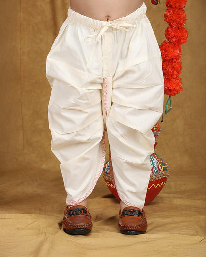 Polka Tots White & Pastel Pink Angrakha Dhoti Set-Cotton-Printed-For Infants