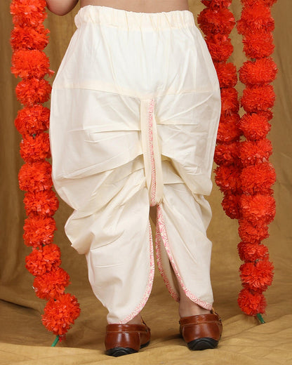 Polka Tots White & Pastel Pink Angrakha Dhoti Set-Cotton-Printed-For Infants