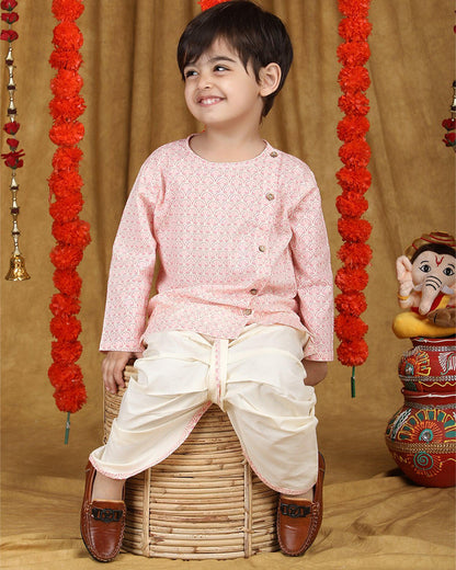 Polka Tots White & Pastel Pink Angrakha Dhoti Set-Cotton-Printed-For Infants