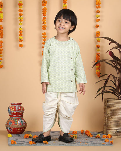 Polka Tots White & Mint Angrakha Dhoti Set-Cotton-Printed-For Infants