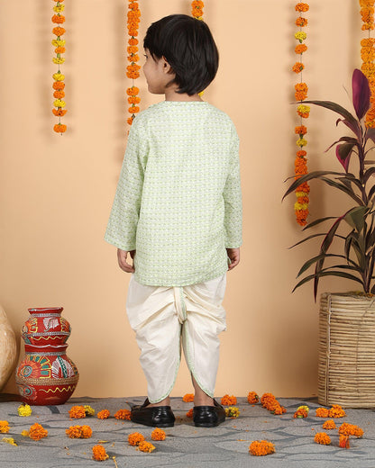 Polka Tots White & Mint Angrakha Dhoti Set-Cotton-Printed-For Infants