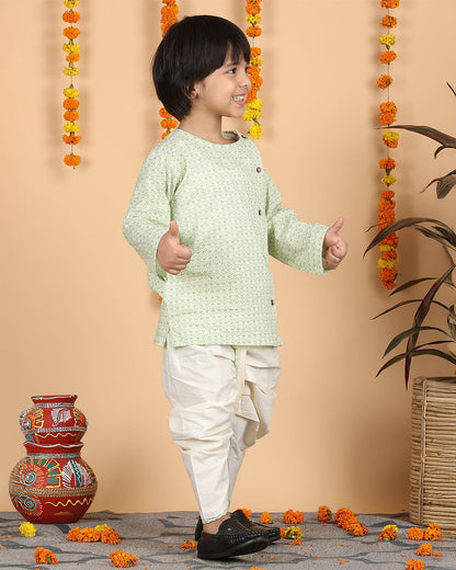 Polka Tots White & Mint Angrakha Dhoti Set-Cotton-Printed-For Infants