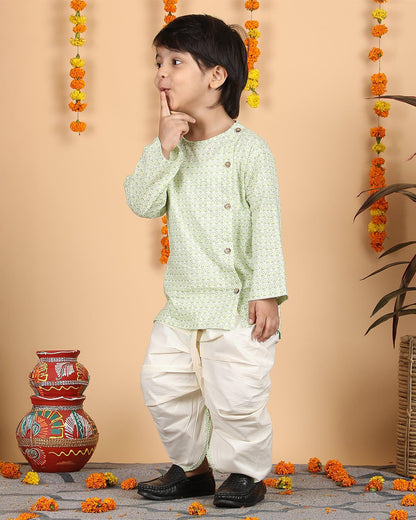 Polka Tots White & Mint Angrakha Dhoti Set-Cotton-Printed-For Infants