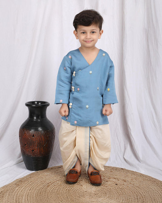 Polka Tots Cream & Blue Angrakha Dhoti Set-Silk-Embroidered-For Infants