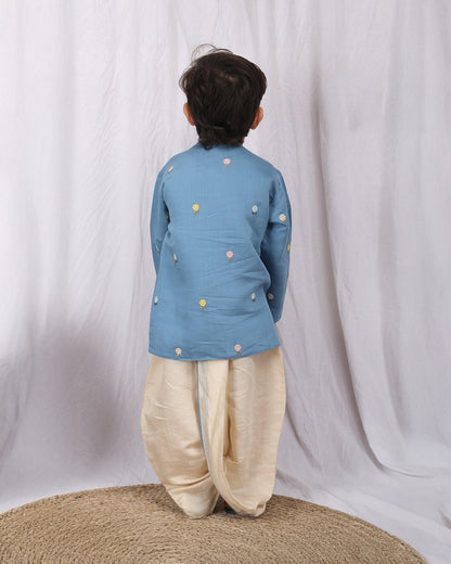Polka Tots Cream & Blue Angrakha Dhoti Set-Silk-Embroidered-For Infants
