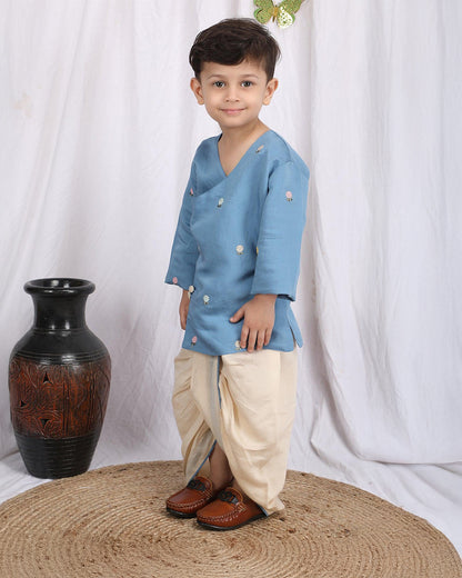 Polka Tots Cream & Blue Angrakha Dhoti Set-Silk-Embroidered-For Infants
