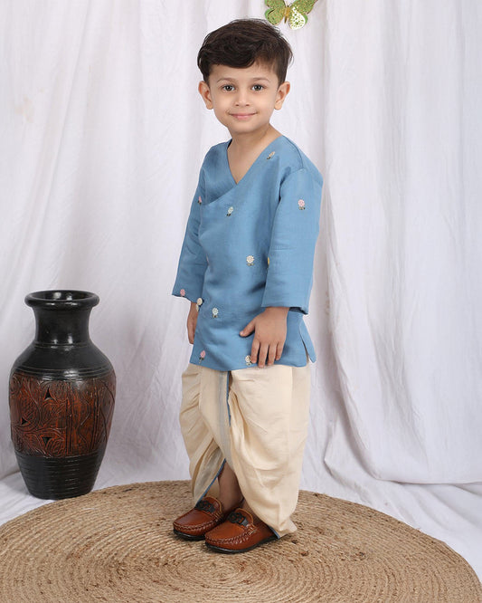 Polka Tots Cream & Blue Angrakha Dhoti Set-Silk-Embroidered-For Infants