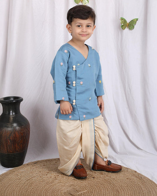 Polka Tots Cream & Blue Angrakha Dhoti Set-Silk-Embroidered-For Infants