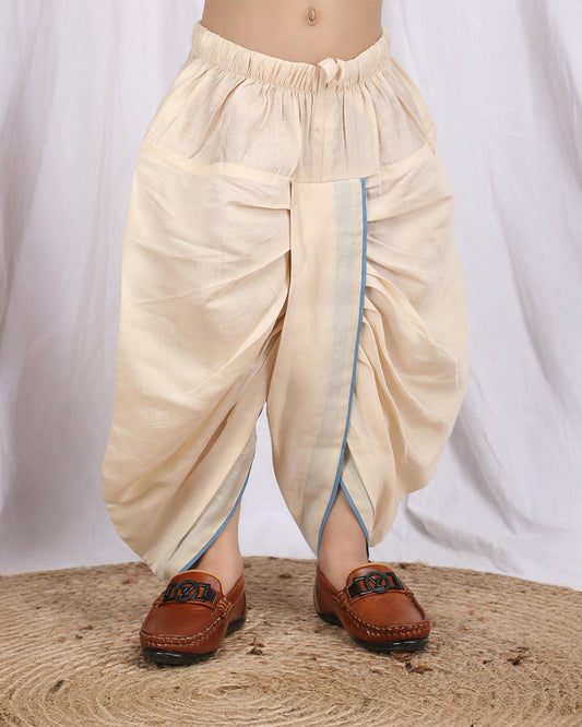 Polka Tots Cream & Blue Angrakha Dhoti Set-Silk-Embroidered-For Infants