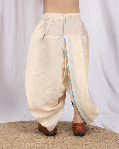 Polka Tots Cream & Blue Angrakha Dhoti Set-Silk-Embroidered-For Infants