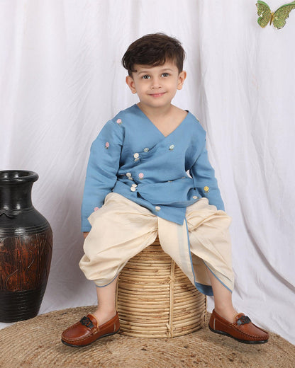 Polka Tots Cream & Blue Angrakha Dhoti Set-Silk-Embroidered-For Infants