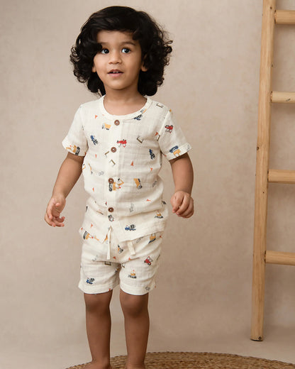 Cot & Candy Baby Off White Top & Shorts Set-Organic Muslin-Construction Print-For Infants