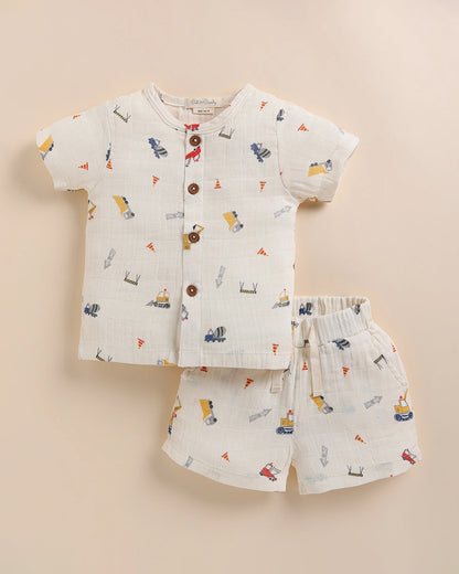 Cot & Candy Baby Off White Top & Shorts Set-Organic Muslin-Construction Print-For Infants