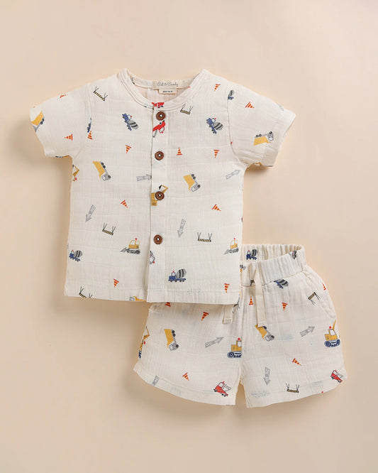 Cot & Candy Baby Off White Top & Shorts Set-Organic Muslin-Construction Print-For Infants