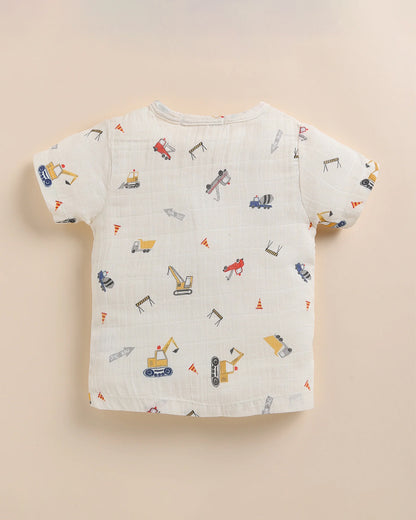 Cot & Candy Baby Off White Top & Shorts Set-Organic Muslin-Construction Print-For Infants