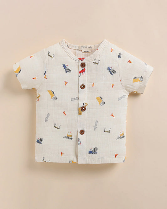 Cot & Candy Baby Off White Top & Shorts Set-Organic Muslin-Construction Print-For Infants