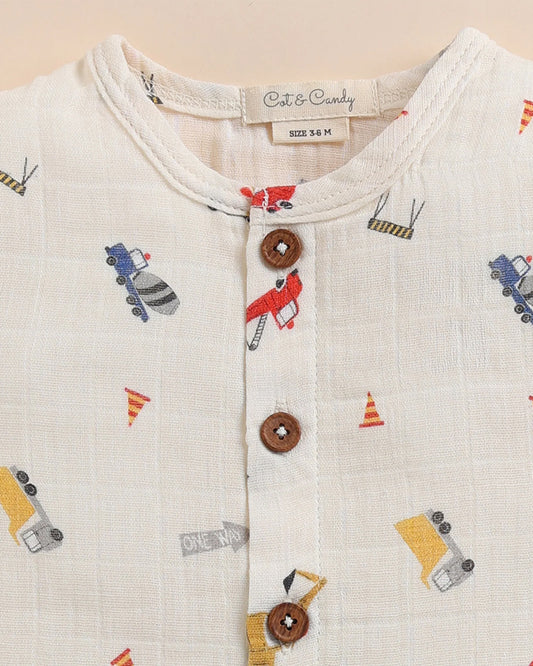 Cot & Candy Baby Off White Top & Shorts Set-Organic Muslin-Construction Print-For Infants