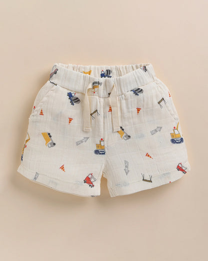 Cot & Candy Baby Off White Top & Shorts Set-Organic Muslin-Construction Print-For Infants