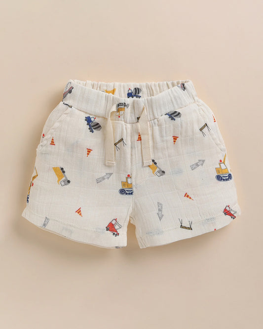 Cot & Candy Baby Off White Top & Shorts Set-Organic Muslin-Construction Print-For Infants