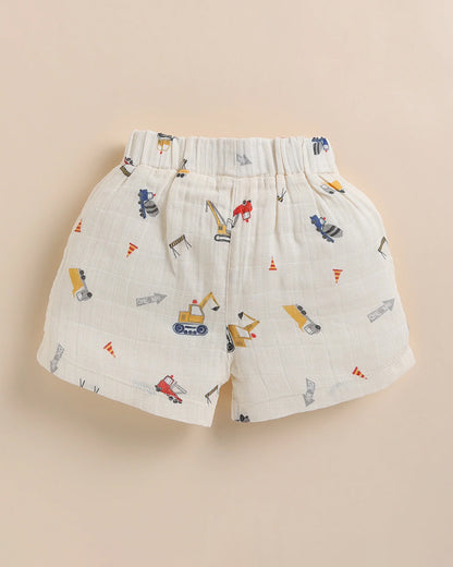 Cot & Candy Baby Off White Top & Shorts Set-Organic Muslin-Construction Print-For Infants