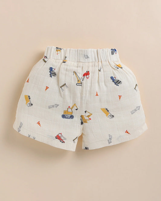 Cot & Candy Baby Off White Top & Shorts Set-Organic Muslin-Construction Print-For Infants