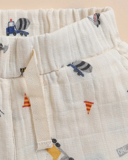 Cot & Candy Baby Off White Top & Shorts Set-Organic Muslin-Construction Print-For Infants