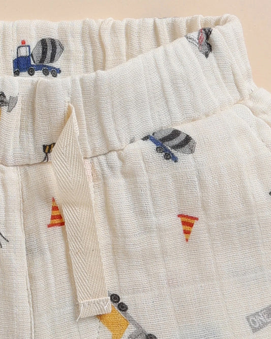 Cot & Candy Baby Off White Top & Shorts Set-Organic Muslin-Construction Print-For Infants